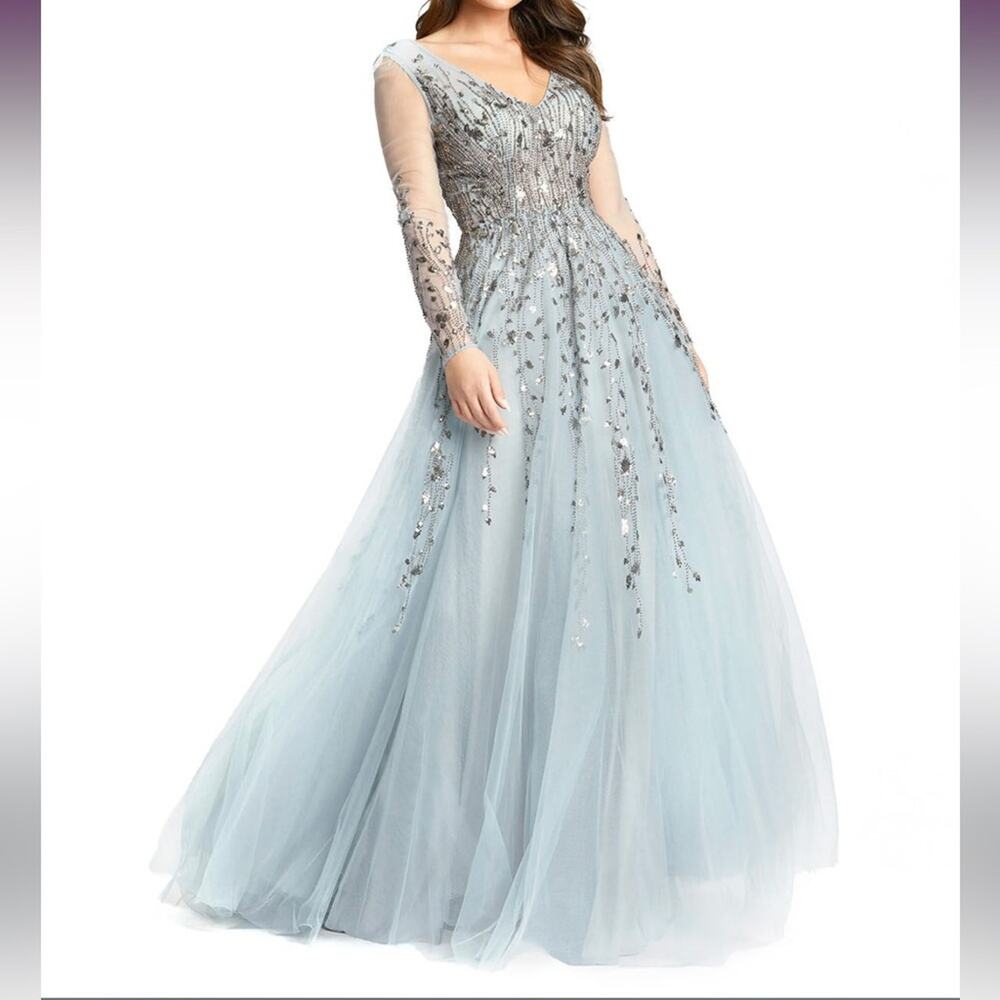 Mac Duggal Embellished V Neck Long Sleeve A Line Gown Platinum 20295 Women’s